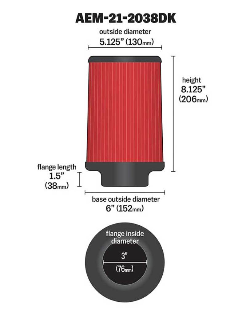 AEM 3 inch Short Neck 8 inch Element Filter Replacement - Eastern Shore Retros