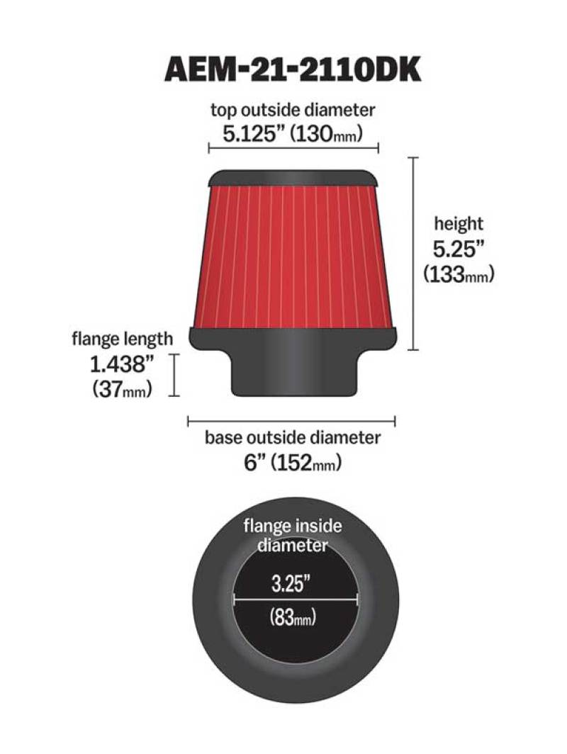 AEM 3.25 inch DRY Flow Short Neck 5 inch Element Filter Replacement - Eastern Shore Retros