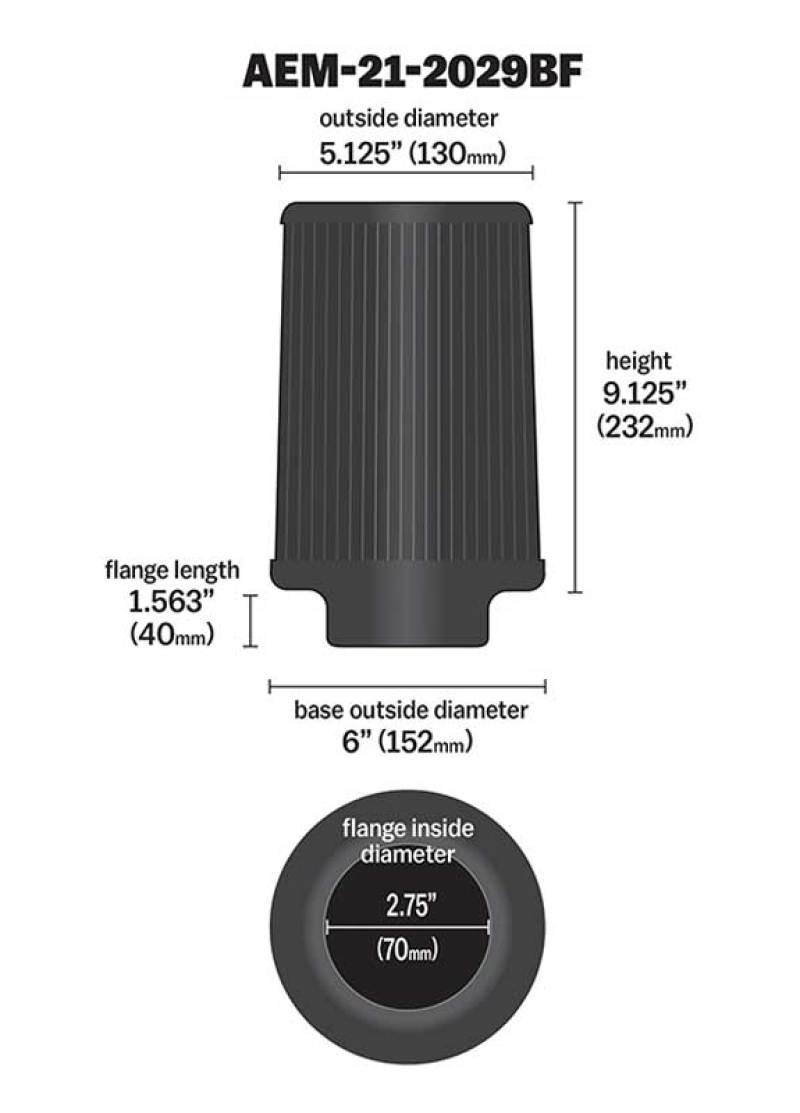AEM Dryflow Conical Air Filter 2.75in Flange ID / 6in Base OD / 5.125in Top OD / 9.125in Height - Eastern Shore Retros