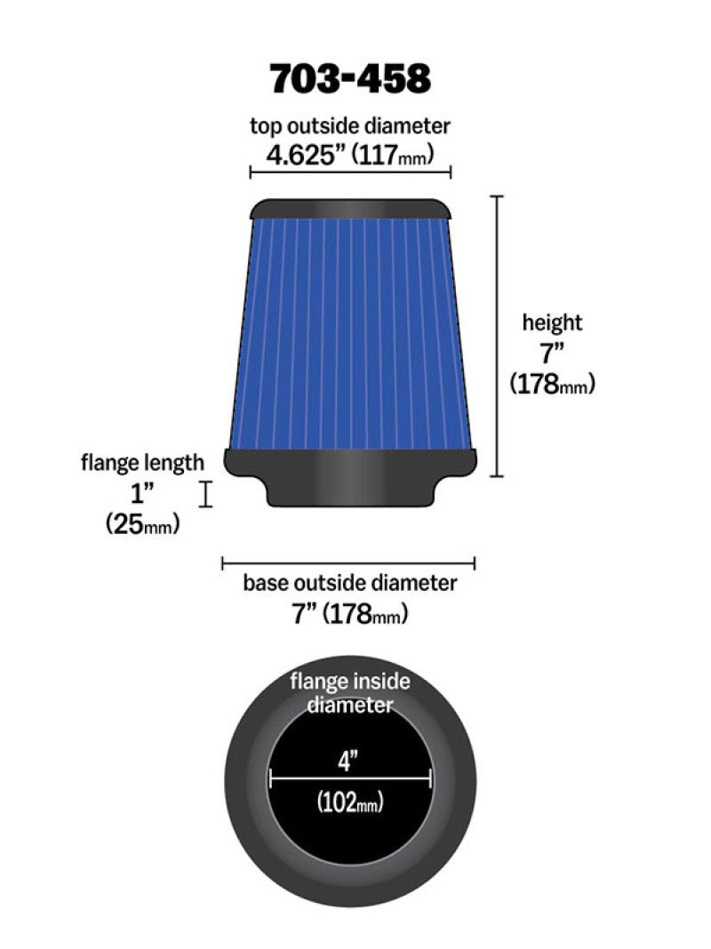 Airaid Universal Air Filter - Cone 4 x 7 x 4 5/8 x 7 w/ Short Flange - Blue SynthaMax - Eastern Shore Retros