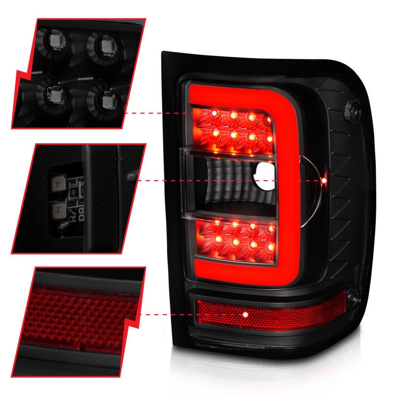 ANZO 01-11 Ford Ranger LED Taillights - Black Housing w/ Smoke Lens & Light Bar - Eastern Shore Retros