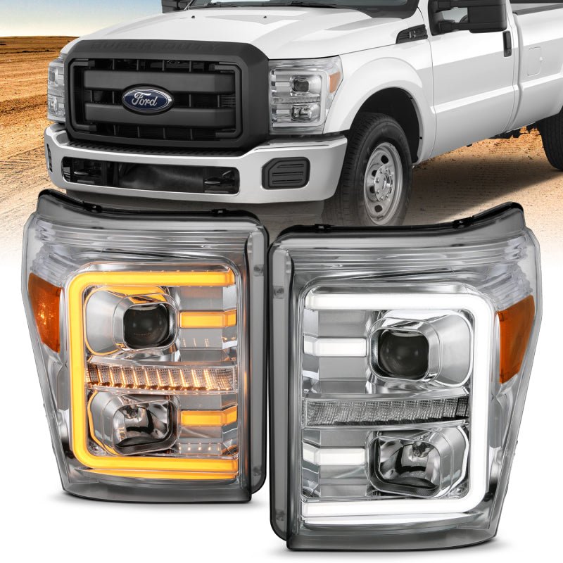 ANZO 11-16 Ford F-250/F-350/F-450 Projector Headlights w/ Plank Style Switchback Chrome w/Amber - Eastern Shore Retros