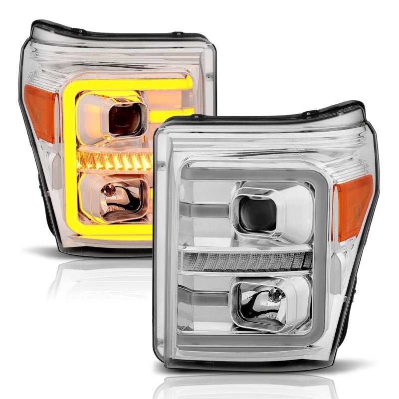 ANZO 11-16 Ford F-250/F-350/F-450 Projector Headlights w/ Plank Style Switchback Chrome w/Amber - Eastern Shore Retros