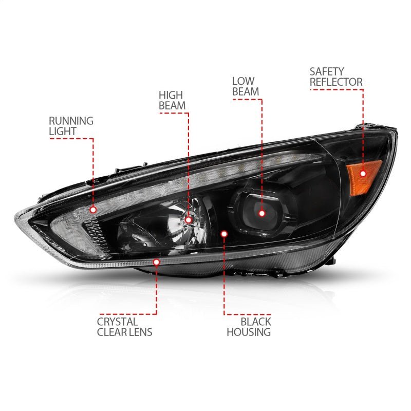 ANZO 15-18 Ford Focus Projector Headlights - w/ Light Bar Switchback Black Housing - Eastern Shore Retros