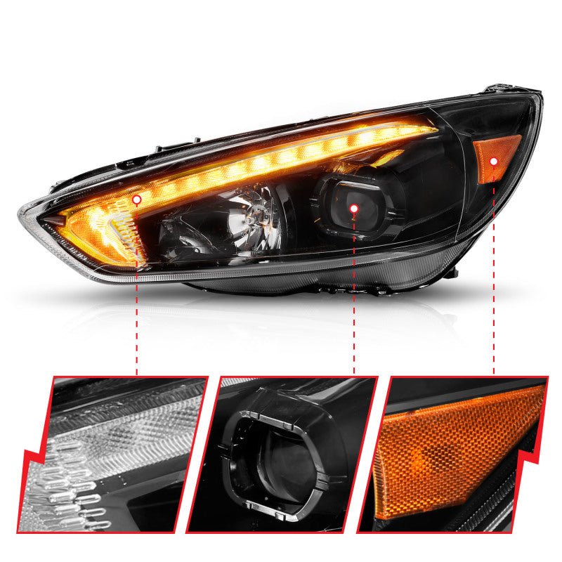 ANZO 15-18 Ford Focus Projector Headlights - w/ Light Bar Switchback Black Housing - Eastern Shore Retros