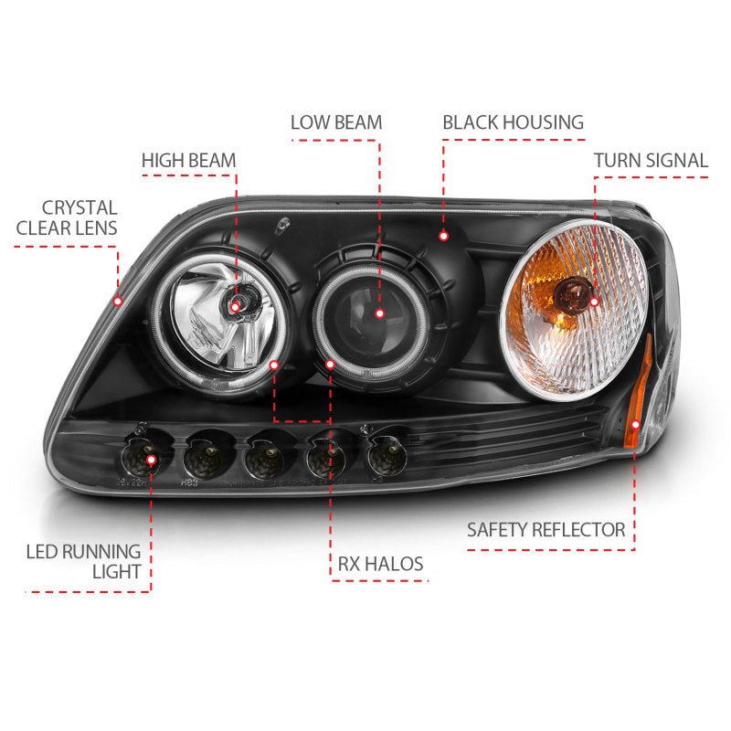 ANZO 1997-2003 Ford F-150 Projector Headlights w/ Halo Black (CCFL) - Eastern Shore Retros