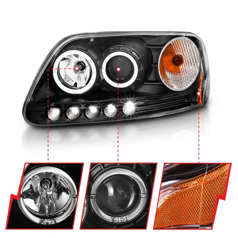 ANZO 1997.5-2003 Ford F-150 Projector Headlights w/ Halo and LED Black 1pc - Eastern Shore Retros