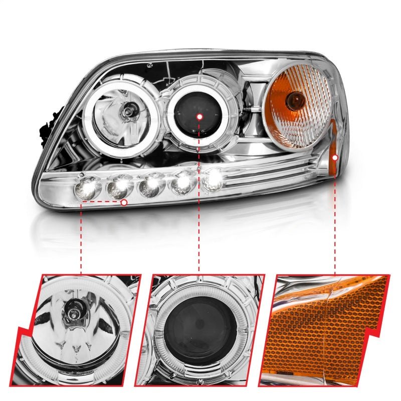 ANZO 1997.5-2003 Ford F-150 Projector Headlights w/ Halo and LED Chrome 1pc - Eastern Shore Retros