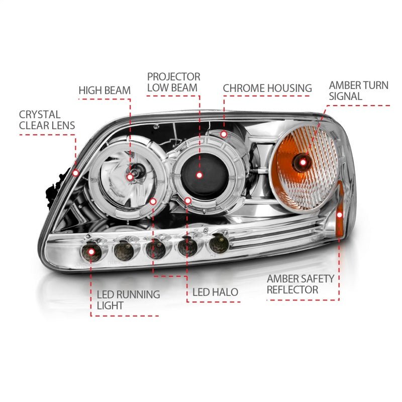 ANZO 1997.5-2003 Ford F-150 Projector Headlights w/ Halo and LED Chrome 1pc - Eastern Shore Retros