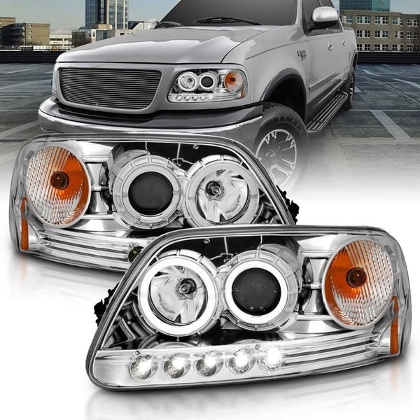 ANZO 1997.5-2003 Ford F-150 Projector Headlights w/ Halo and LED Chrome 1pc - Eastern Shore Retros