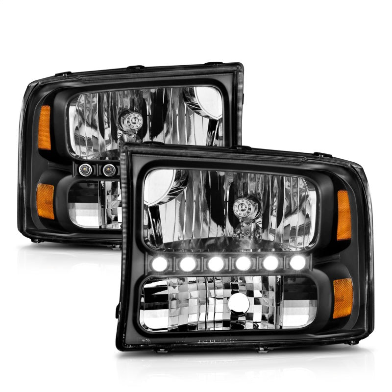 ANZO 2000-2004 Ford Excursion Crystal Headlights Black w/ LED 1pc - Eastern Shore Retros