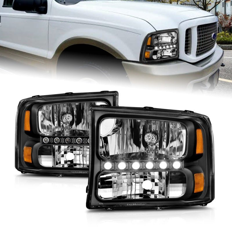 ANZO 2000-2004 Ford Excursion Crystal Headlights Black w/ LED 1pc - Eastern Shore Retros