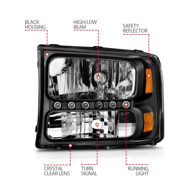 ANZO 2000-2004 Ford Excursion Crystal Headlights Black w/ LED 1pc - Eastern Shore Retros