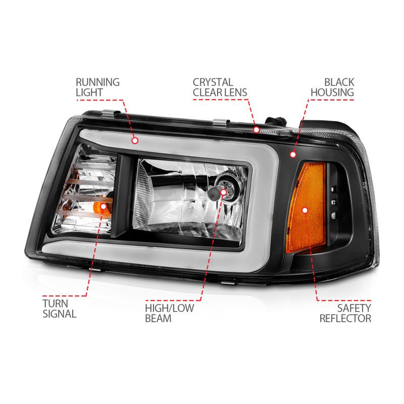 ANZO 2001-2011 Ford Ranger Crystal Headlights w/ Light Bar Black Housing - Eastern Shore Retros