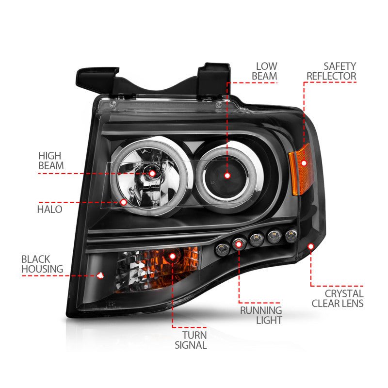 ANZO 2007-2014 Ford Expedition Projector Headlights w/ Halo Black - Eastern Shore Retros