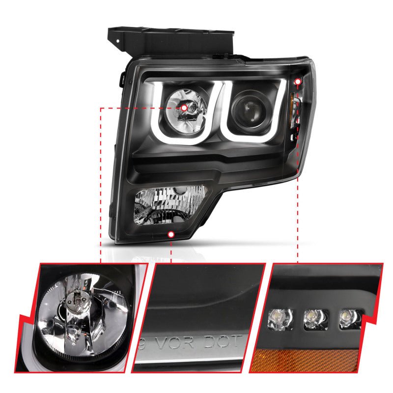 ANZO 2009-2014 Ford F-150 Projector Headlights w/ U-Bar Switchback Black w/ Amber - Eastern Shore Retros