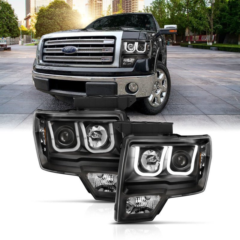 ANZO 2009-2014 Ford F-150 Projector Headlights w/ U-Bar Switchback Black w/ Amber - Eastern Shore Retros