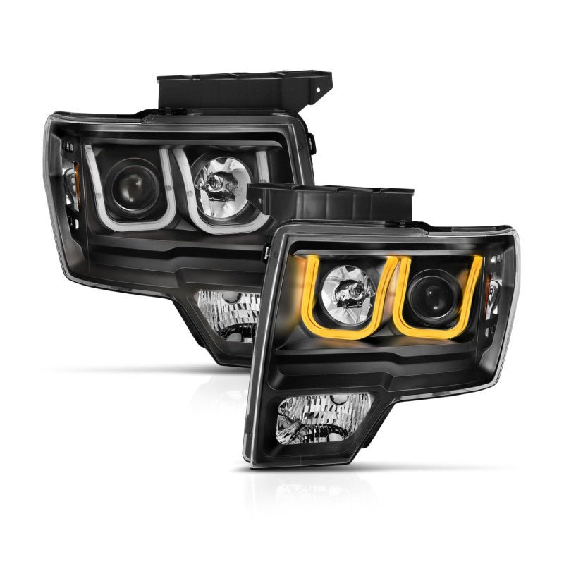 ANZO 2009-2014 Ford F-150 Projector Headlights w/ U-Bar Switchback Black w/ Amber - Eastern Shore Retros