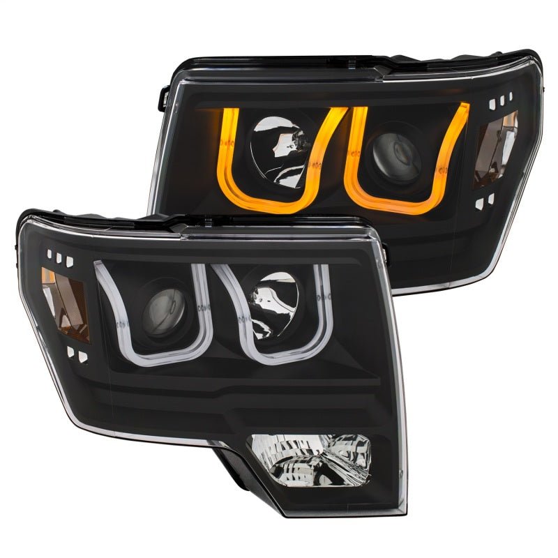 ANZO 2009-2014 Ford F-150 Projector Headlights w/ U-Bar Switchback Black w/ Amber - Eastern Shore Retros