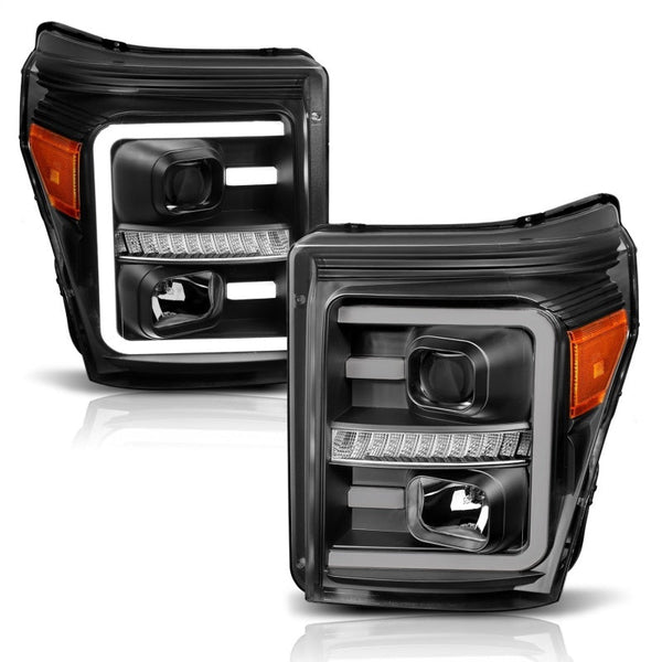 ANZO 2011-2016 Ford F250 Projector Headlights w/ Plank Style Switchback Black w/ Amber - Eastern Shore Retros
