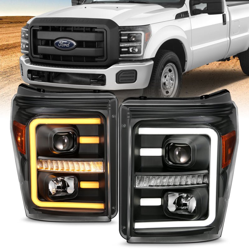 ANZO 2011-2016 Ford F250 Projector Headlights w/ Plank Style Switchback Black w/ Amber - Eastern Shore Retros