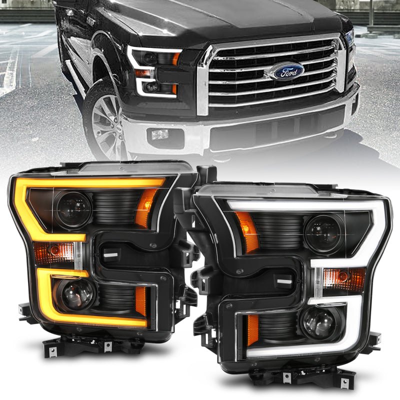 ANZO 2015-2017 Ford F-150 Projector Headlights w/ Plank Style Switchback Black w/ Amber - Eastern Shore Retros