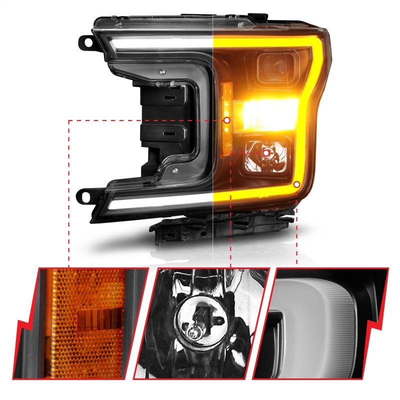 ANZO 2018-2020 Ford F-150 Projector Headlight w/ Plank Style Switchback Black Housing - Eastern Shore Retros