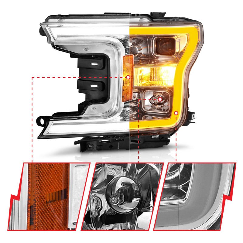 ANZO 2018-2020 Ford F-150 Projector Headlight w/Plank Style Switchback Chrome Housing - Eastern Shore Retros