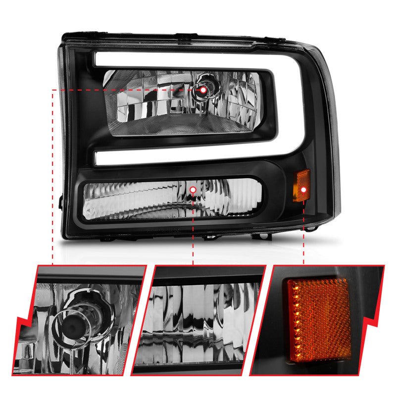 ANZO 99-04 Ford F250/F350/F450/Excursion (excl. 99) Crystal Headlights - w/ Light Bar Black Housing - Eastern Shore Retros