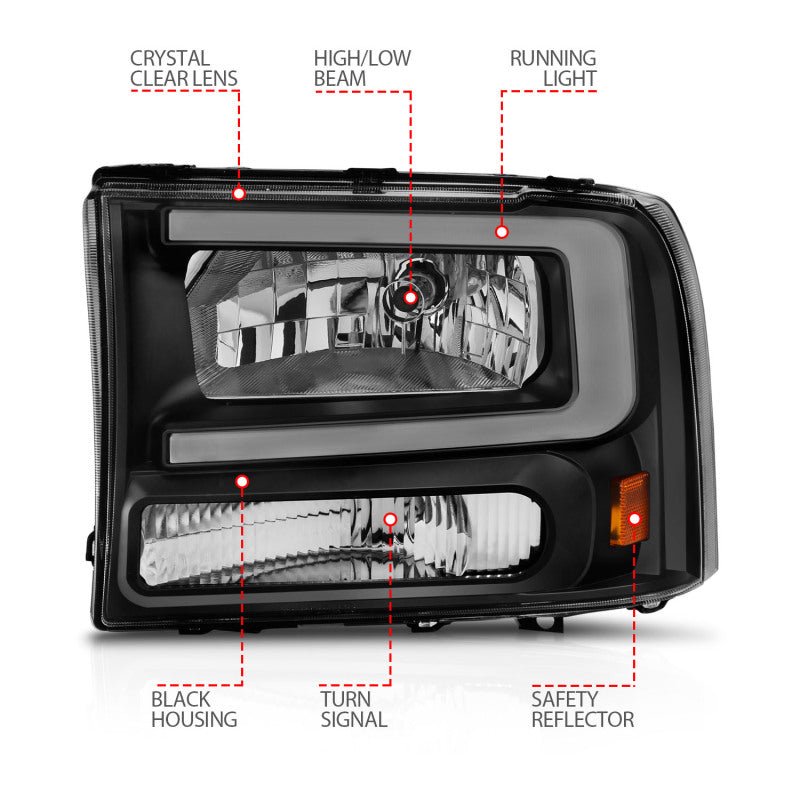 ANZO 99-04 Ford F250/F350/F450/Excursion (excl. 99) Crystal Headlights - w/ Light Bar Black Housing - Eastern Shore Retros