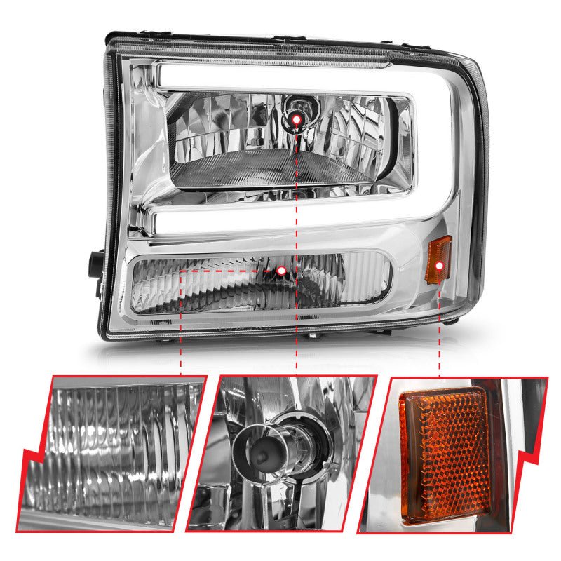 ANZO 99-04 Ford F250/F350/F450/Excursion (excl. 99) Crystal Headlights - w/ Light Bar Chrome Housing - Eastern Shore Retros