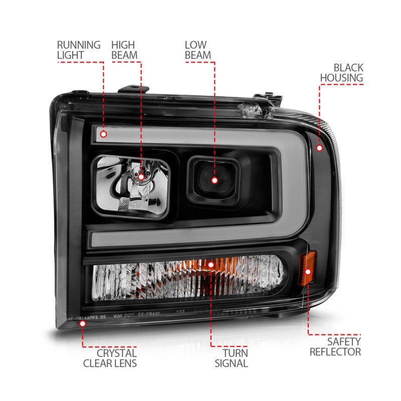 ANZO 99-04 Ford F250/F350/F450/Excursion (excl 99) Projector Headlights - w/ Light Bar Black Housing - Eastern Shore Retros