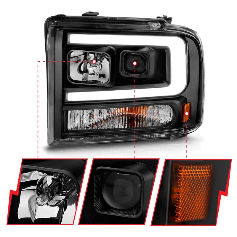 ANZO 99-04 Ford F250/F350/F450/Excursion (excl 99) Projector Headlights - w/ Light Bar Black Housing - Eastern Shore Retros