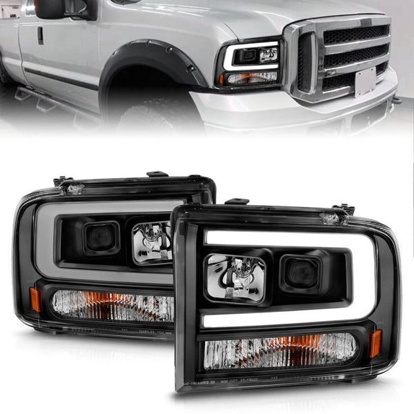 ANZO 99-04 Ford F250/F350/F450/Excursion (excl 99) Projector Headlights - w/ Light Bar Black Housing - Eastern Shore Retros