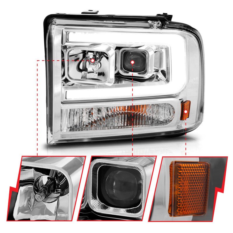 ANZO 99-04 Ford F250/F350/F450/Excursion (excl 99) Projector Headlights - w/Light Bar Chrome Housing - Eastern Shore Retros