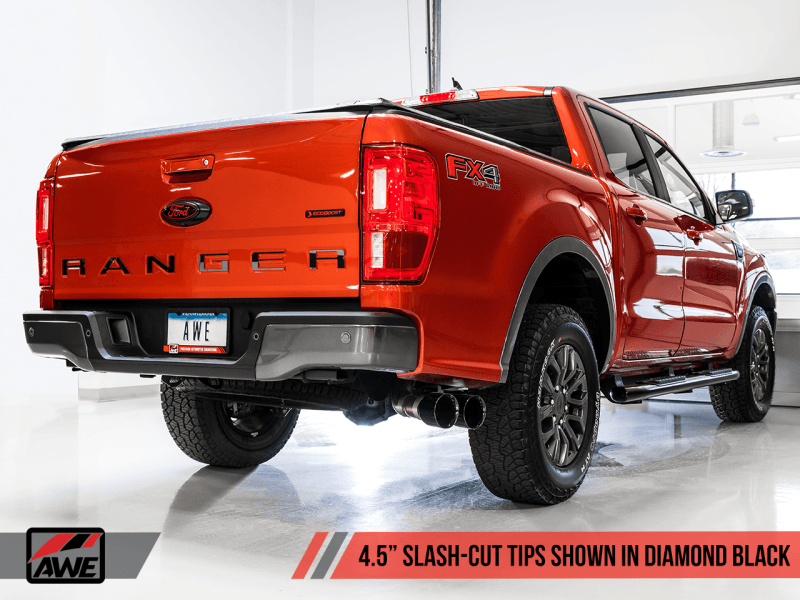 AWE Tuning 2019+ Ford Ranger 0FG Performance Exhaust System w/Diamond Black Tips & Rock Guard - Eastern Shore Retros