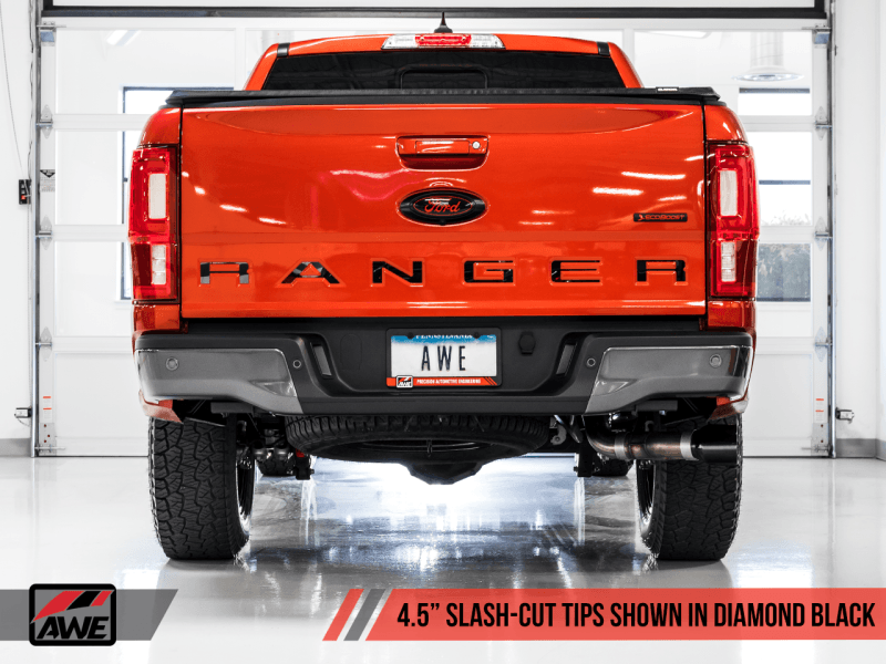 AWE Tuning 2019+ Ford Ranger 0FG Performance Exhaust System w/Diamond Black Tips & Rock Guard - Eastern Shore Retros