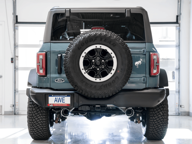 AWE Tuning 2021+ Ford Bronco 0FG Dual Rear Exit Exhaust w/Chrome Silver Tips & Bash Guard - Eastern Shore Retros