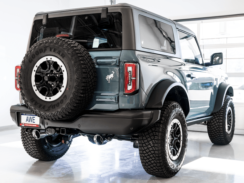 AWE Tuning 2021+ Ford Bronco 0FG Dual Rear Exit Exhaust w/Chrome Silver Tips & Bash Guard - Eastern Shore Retros