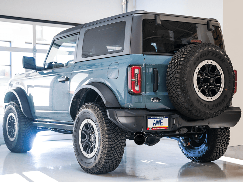 AWE Tuning 2021+ Ford Bronco 0FG Single Rear Exit Exhaust w/Diamond Black Tip & Bash Guard - Eastern Shore Retros