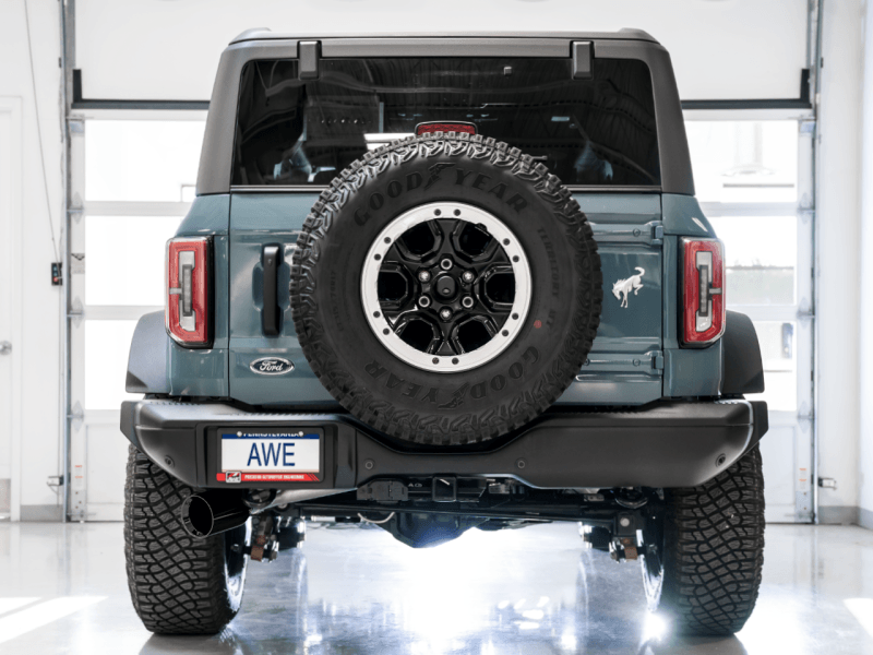 AWE Tuning 2021+ Ford Bronco 0FG Single Rear Exit Exhaust w/Diamond Black Tip & Bash Guard - Eastern Shore Retros