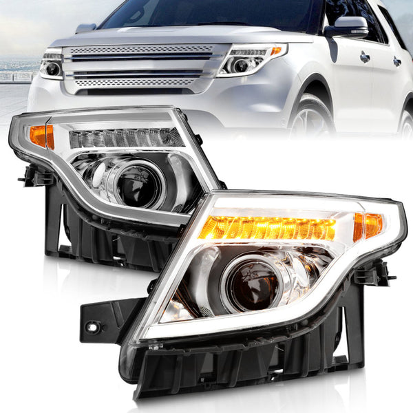 ANZO 11-15 Ford Explorer Projector Headlights w/ Light Bar Chrome Housing w/ Amber light